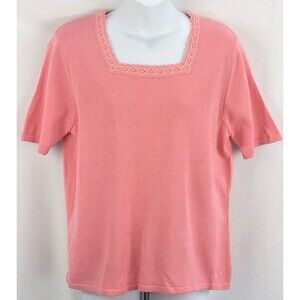 NWT Laura Scott Crochet Knit Sweater L Peach SquareNeck ShortSleeve Cottage